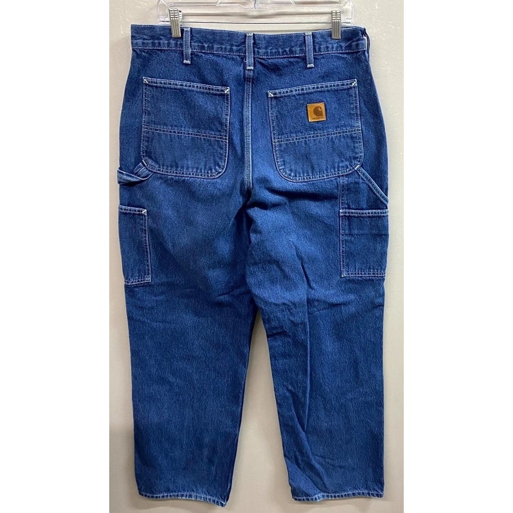 Carhartt Dungaree Carpenter Jeans Mens 34x32 Blue Denim Loose Fit Hammer Loop - Picture 2 of 11